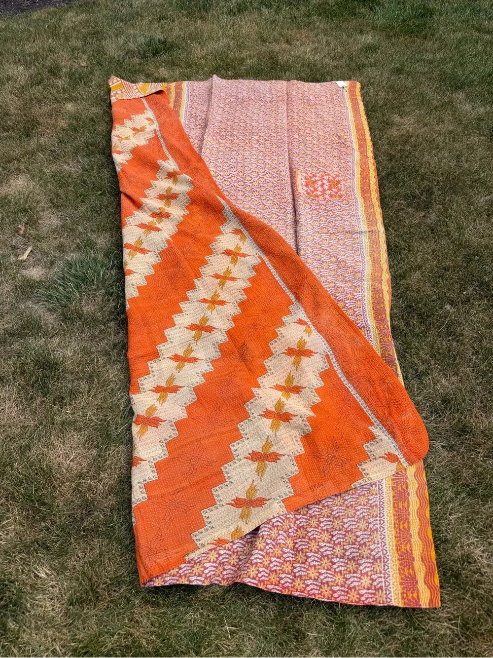 Vintage Indian Kantha Quilt Reversible Cotton Boho Throw Blanket – Orange & Gold